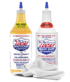 Daley Mint Towel with Lucas Fuel Treatment Upper Cylinder, 32oz + Heavy Duty Oil Stabilizer, 32oz