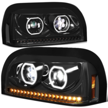Dual LED Halo DRL+Sequential Turn Signal Headlight Lamps Compatible with Freightliner Century 96-10, Driver and Passenger Side, Black Housing