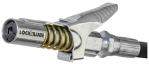 LockNLube Grease Gun Coupler locks onto Zerk fittings. Grease goes in, not on the machine. World's best-selling original locking grease coupler. Rated 10,000 PSI. Long-lasting rebuildable tool.