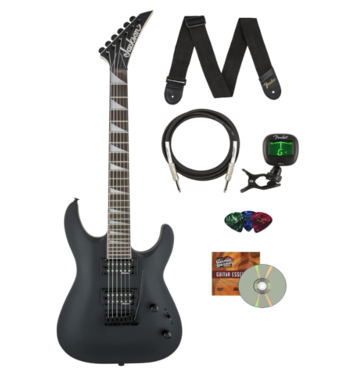 0023 Jackson Dinky Arch Top JS22 DKA Electric Guitar - Satin Black Bundle with Cable, Tuner, Strap, Picks, and Austin Bazaar Instructional DVD…