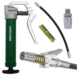 LockNLube Mini Grease Gun Kit. Includes Our Patented Grease Coupler (Locks on, Stays on, Won't Leak!) Plus a 12 Hose and in-line Hose Swivel.