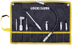 LockNLube 8-Piece Quick Connect Greasing Accessory Kit. Complete grease fitting connection kit. Reach any grease fitting on any machine. The rip-stop case keeps tools clean and portable.