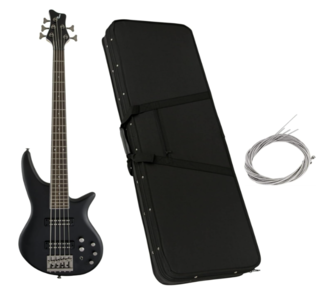0053 Jackson JS Series Spectra Bass JS3V 5-String Electric Guitar (Right-Handed, Sating Black) Bundle with Polyester Protective Hardshell Gig Bag with Zipper Pocket (Black), and Steel Strings