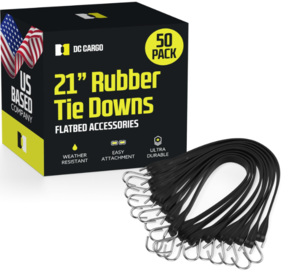 Pack of 50 Tarp Straps for Flatbed Trailers, 21" Long Natural Rubber Bungee Cord Tie-Downs Ideal for Securing Tarps, Canvases, Cargo in Cold Climates | Tie-Downs w/ Metal S-Hooks