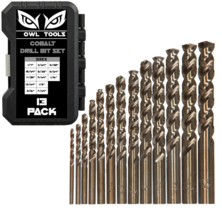 Owl Tools Cobalt Drill Bits for Metal and Steel - 13 Piece Set in SAE Sizes (1/16" - 1/4") M35 Fully Grounded 5% Cobalt - Plastic Storage Case Included