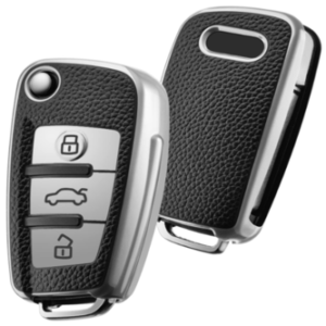 ELOHEI for Audi Key Fob Cover Case,Premium Soft TPU Stripes 360 Degree Full Protection Key Shell Key Case Cover Compatible with Audi A1 A3 Q3 Q7 R8 A6L TT (Leather Texture Silver)