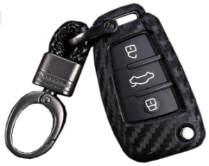 ROYALFOX(TM Luxury 3 Buttons Soft Carbon Fiber flip Remote Key Fob case Cover for Audi A1 A3 A4 A5 A6 Q2 Q3 Q7 TT S3 R8 Accessories,with Keychain (Silicone Carbon Fiber)