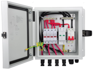 PV Combiner Box, 4 String Metal Solar Combiner Box with 15A Rated Current Fuse, Surge Protective Device and 50A Air Circuit Breaker for On/Off Grid Solar Panel System, Pre-Wired Cable