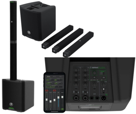 Column PA System Portable On A New Level Legendary SRM Series sound quality in an ultra-portable design that is flexible, reliable, and easy to control. Flexibility Where It Counts The ultra-portable Mackie SRM-Flex Portable Column PA System features 1300W of power and a custom wide-dispersion array ensuring plenty of headroom for crystal-clear, room-filling sound. The built-in 6-channel digital mixer offers full control flexibility via physical knobs or wirelessly on your phone via the SRM-Flex Connect app on iOS and Android. You can even stream music or backing tracks via any Bluetooth enabled device. All the bells and whistles Light Ultra-Portable At under 30 lbs, it can fit just about anywhere and be carried with one hand. Included with SRM-Flex is a carry bag for the tower as well as a slip cover for the base module. Sound Legendary SRM Series Sound SRM-Flex has been meticulously tuned utilizing the latest in acoustic measurement technology for crystal clear sound that is balanced and punchy. Whether you are plugging in a mic and a guitar or streaming music from your phone, SRM-Flex offers exceptional sound worthy of the SRM name. Dispersion Fill The Room The 3-piece tower houses a wide-dispersion array with 6 x 2” high-performance HF drivers for clear, whole room coverage. This modular tower design allows you to easily change the height of the mid and high frequencies to match the ear level of the audience.