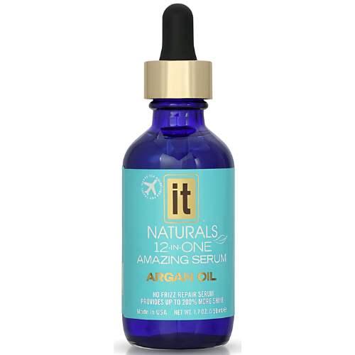 IT Naturals 12-in-One Amazing Serum with Argan Oil, a truly remarkable solution for frizz-free hair. Enriched with luxurious Moroccan Argan Oil, this repair serum delivers a silky finish and noticeably shiny hair, elevating your hair game to a whole new level. Not only does this serum provide a stunningly sleek appearance, but it also offers light hold and natural body, giving your hair the perfect balance. Infused with hydrating Abyssinian Oil, it effectively smooths away frizz, leaving your locks irresistibly smooth and manageable. Additionally, it provides essential UV and color protection, ensuring that your hair remains shielded from damaging external factors.