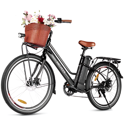 ANCHEER Electric Bicycle, 26” Electric City Bike, Low Frame Electric Bike with 48V/7.8 Ah Lithium Battery and 500W Powerful Motor, Step Through Commuter Ebike with Basket for Woman Man-AN5928